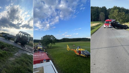 Groźny wypadek w Przewrotnem. Zderzenie ciągnika z samochodem osobowym. Lądował śmigłowiec LPR