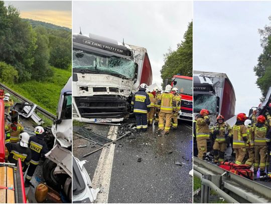 Dramatyczne zderzenie trzech tirów na DK73. Droga jest zablokowana!