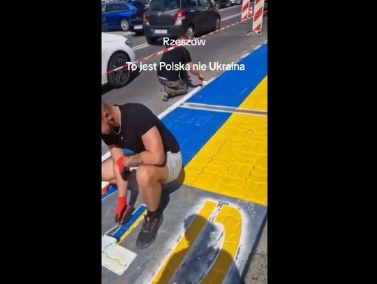 Oburzona internautka pomyliła malowanie pasów w Rzeszowie z flagą Ukrainy [WIDEO]