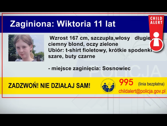 Policja uruchomiła Child Alert w związku z zaginięciem 11-letniej Wiktorii z Sosnowca