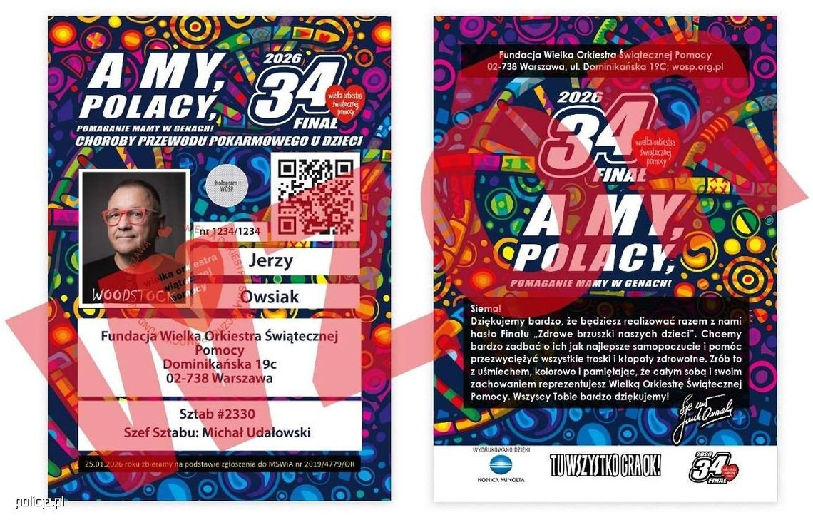 Bezpieczny 34. Finał WOŚP. Policja radzi, jak rozpoznać prawdziwego wolontariusza