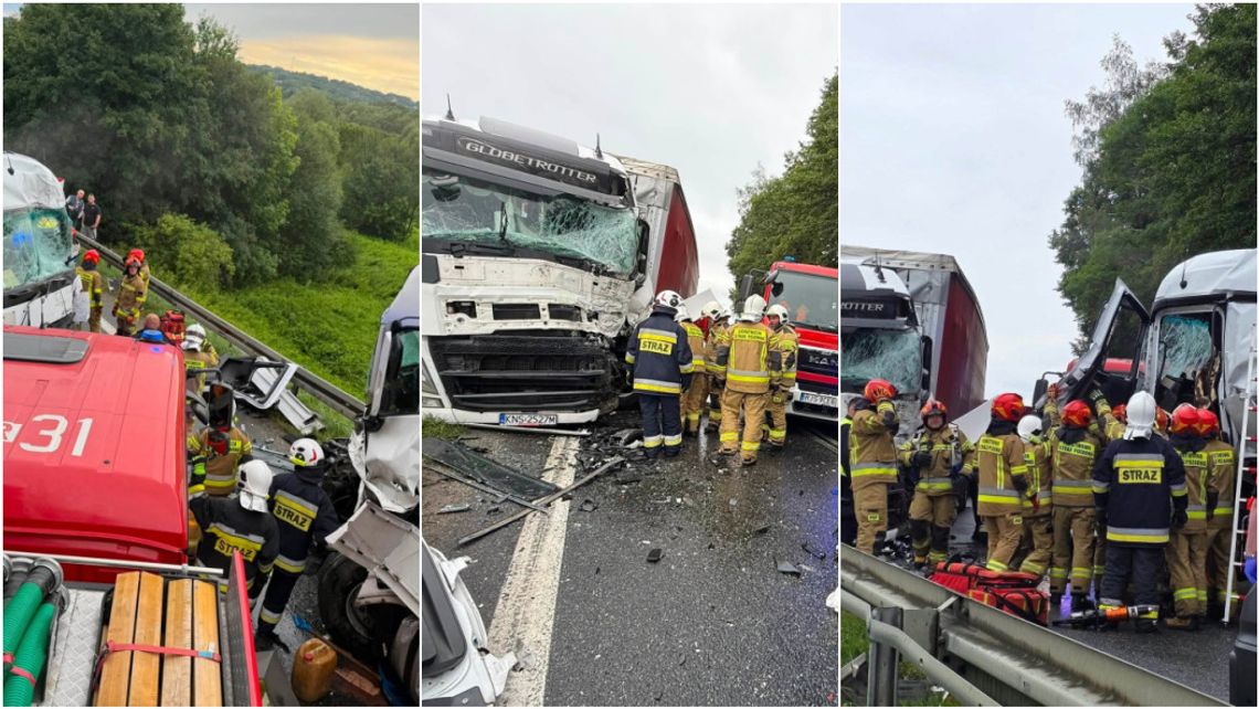 Dramatyczne zderzenie trzech tirów na DK73. Droga jest zablokowana! Dramatyczne zderzenie trzech tirów na DK73. Droga jest zablokowana!