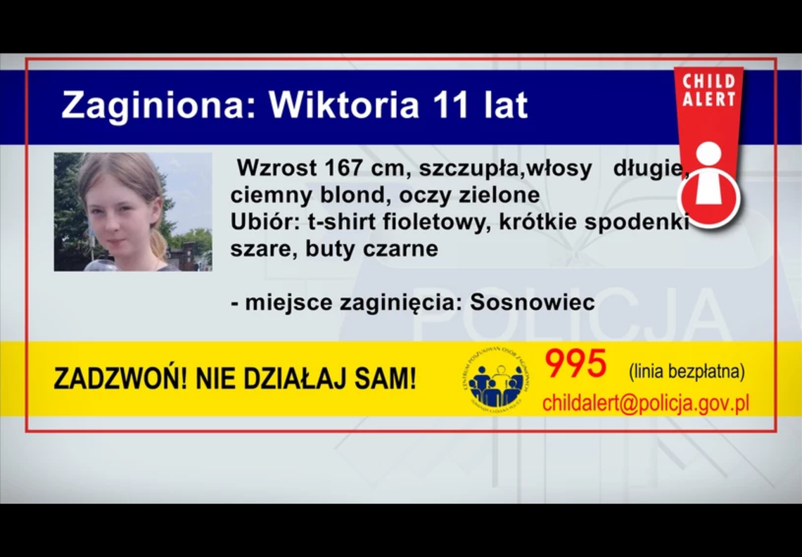 Policja uruchomiła Child Alert w związku z zaginięciem 11-letniej Wiktorii z Sosnowca